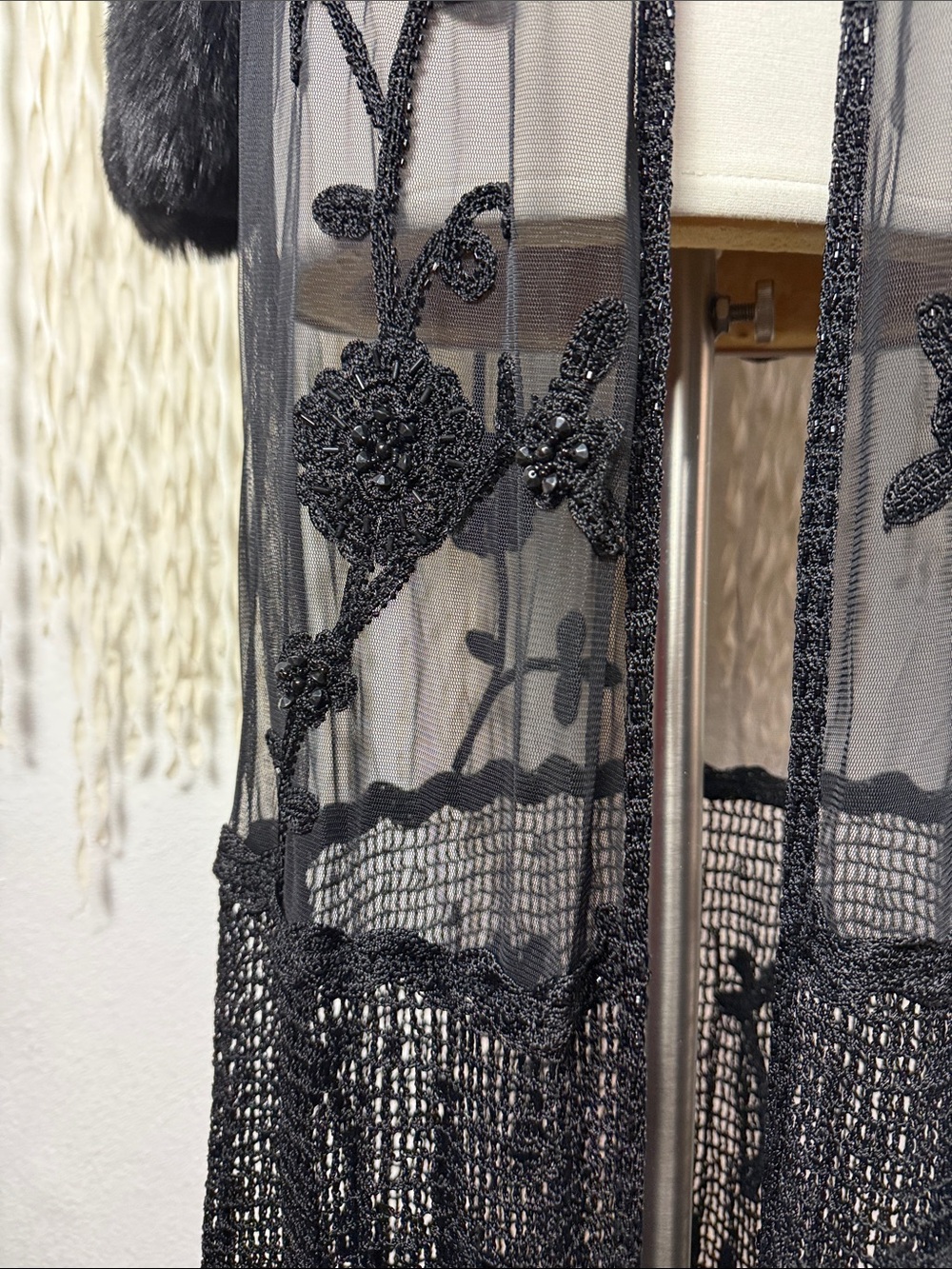 Vintage Sue Wong Black Embellished Crochet and Faux Fur Trim Long Sleeve Kimono - Picture 11 of 14